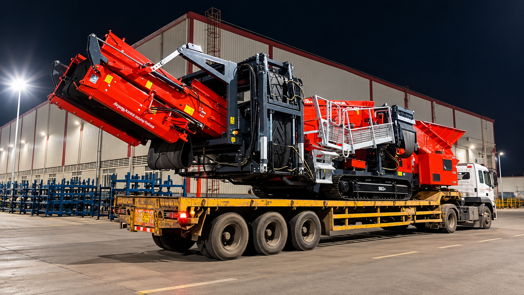 A crusher unit being loaded onto a trailer at a yard at night